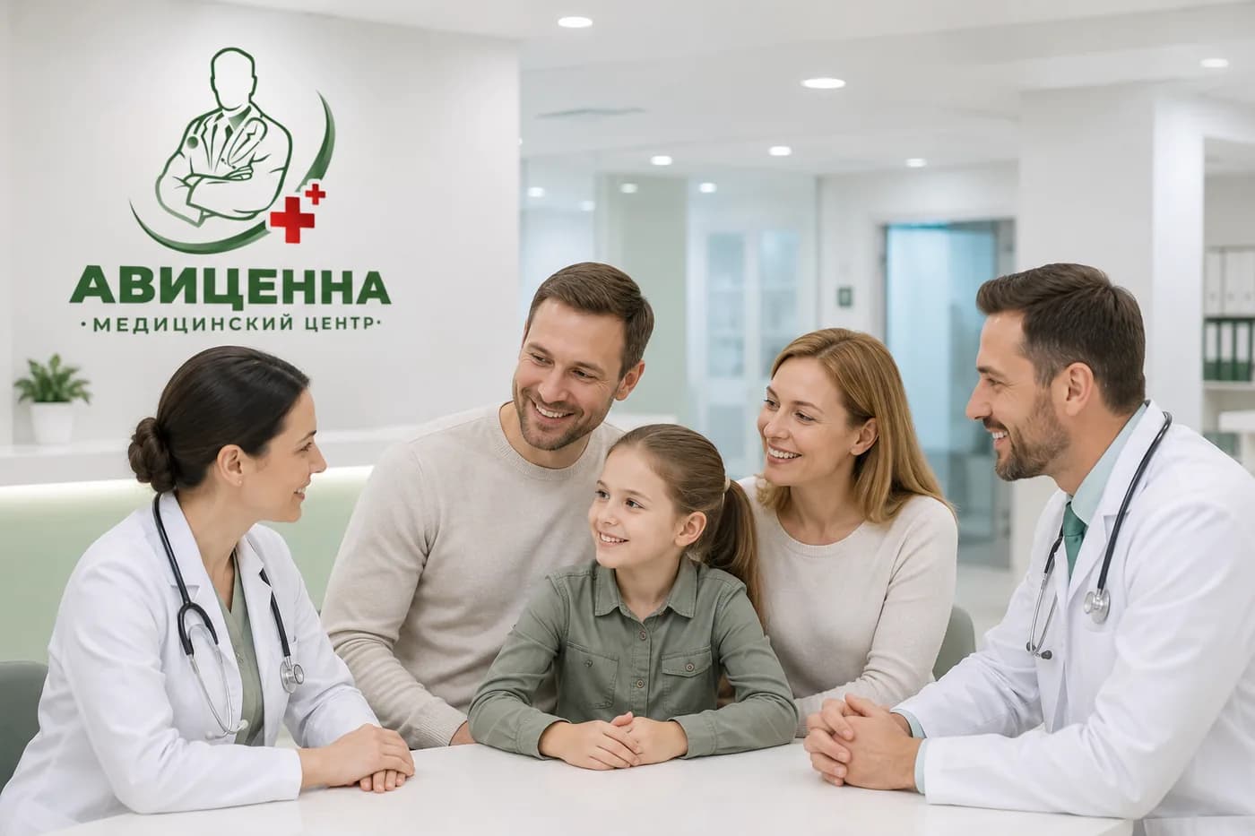 Приём в медицинском центре: врачи консультируют семью с ребёнком
